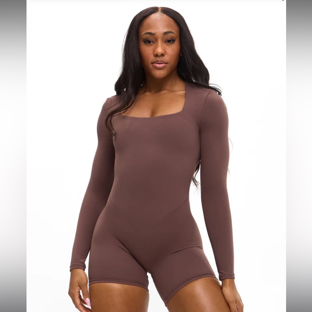 Long-Sleeve Square Neck Romper - Brown